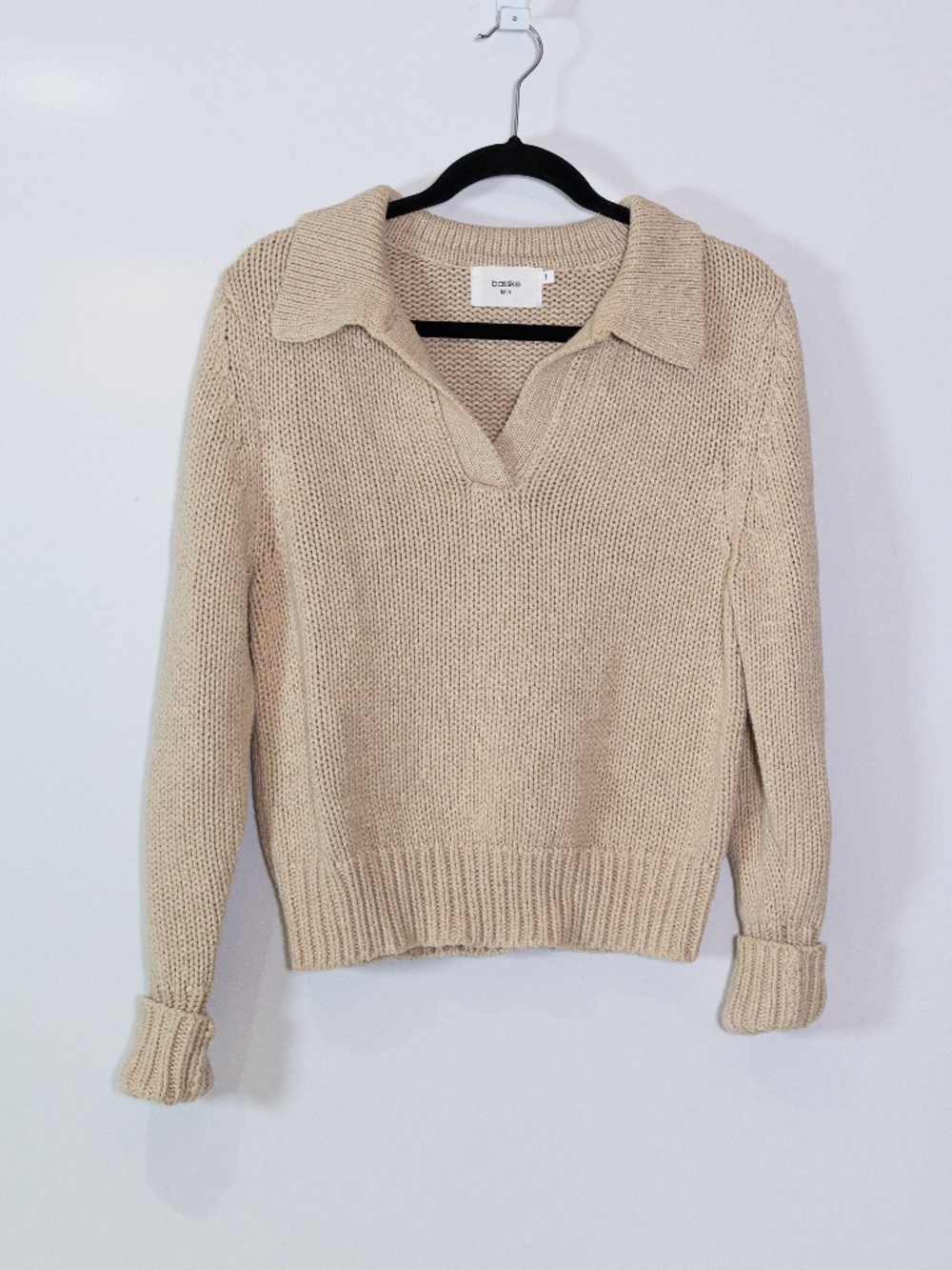 Bassike Knits Cotton Wool V Neck Collared Long Sleeve Pullover Sweater Neutral S